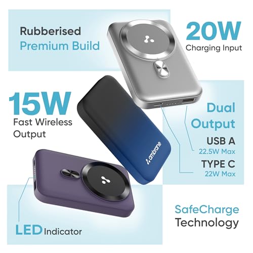 Ambrane Magsafe Wireless 10000Mah Fast Charging USB Type-C Input Power Bank, Strong Magnet, 22.5W Output For iPhone 12 & Above, Android & Other Qi Enabled Devices + Magnetic Ring (Aerosync Snap, Blue) view 2