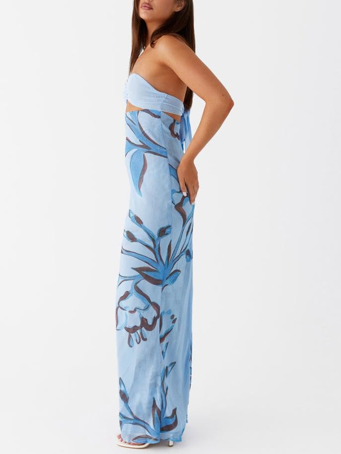 Image of Women Y2k Strapless Maxi Dress Floral Print Tube Long Dress Boho Beach Sundress Going Out Streetwear