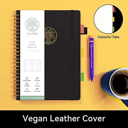 Spiral Dot Grid Notebook Journal, Dotted Paper Notebook, Bullet Dotted Journal, A5 Medium, Leather Hardcover Spiral Notebook, Alltree Twin Wire Spiral Bound Notebook With Tabs, Pen Loop, Pocket, Stickers, 160 Pages, Journal For Women & Men, Black(6"X8.5") #TOP1