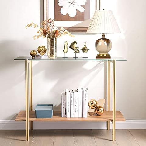 SICOTAS Konsolentisch Eingangstisch mit 2 Böden Flurtisch mit Glasplatte und rustikales Eichenholzregal mit eleganten Metallbeinen Sofatisch aus Glas Holz fürs Wohnzimmer Cover