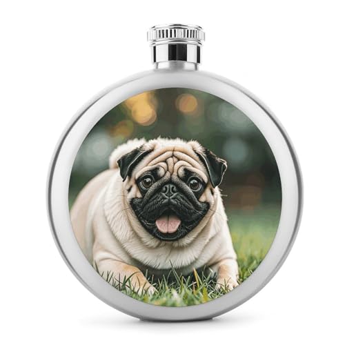 Stainless Steel Wine Bottle Liquor Container Pug Dogs Print Leak Proof Hip Flask Durable for Camping Hiking Travel Festivals