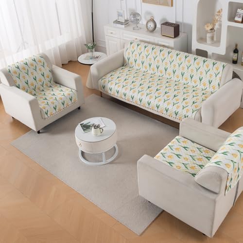 Image of HOKIPO Tulip Blossom Quilted Sofa Cover 5 Seater with Tassels Set - Sofa Cover for Seat & Back | 'Tassel Twigs' Series (IN-991-T4 + IN-989-T4)