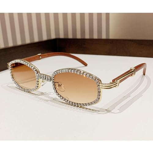 bullabulling Diamond Square Sunglasses Men Women Luxury Designer Wood Frame Rhinestone Punk Goggle Glasses UV4004