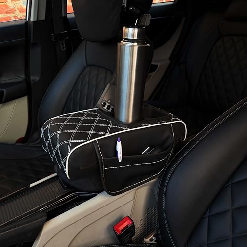 Image of Carigiri Nappa Leatherette,Foam ComfiRest Pro Car Armrest Cushion with Cup Holder| Arm Cushion| Universal for All Cars|Armrest with Mobile Holder (White,Utility Pockets,Dual Cup Holder,Mobile Holder)