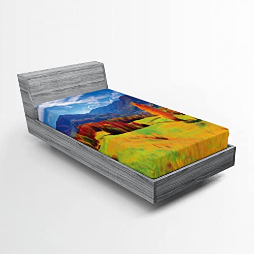 Ambesonne Autumn 2 Pack Fitted Sheet, Alpine Mountain Design, Bed Cover All-Round Elastic Deep Pockets 2 Pieces, Package Contains 2 Twin XL Size Fitted Sheets, Green Blue