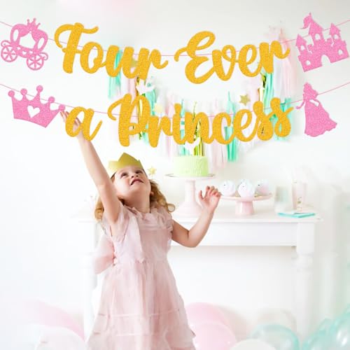 Image of Four Ever A Princess Banner Beautiful Princess Girl 4th Birthday Party Decorations Our Little Princess 4 Years Old Birthday Party Supplies