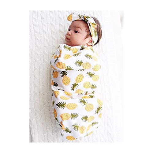 Image of Newborn Receiving Blanket Headband Set Pineapple Printed Baby Swaddle Blanket Soft Sleeping Wrap Blankets 0-3M (R-Pineapple)
