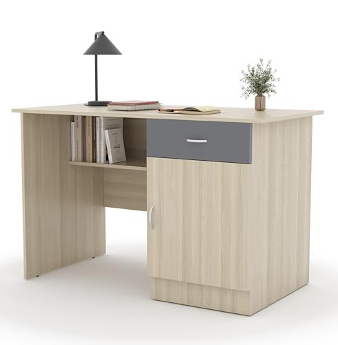 Image of Engineered Wood Study Table 120x60x75cm with Open Book Shelf 60x40x120 CM | Sturdy Computer Desk with Drawer, Cabinet & 4-Tier Book Storage /Display Organizer- Light Brown with Grey