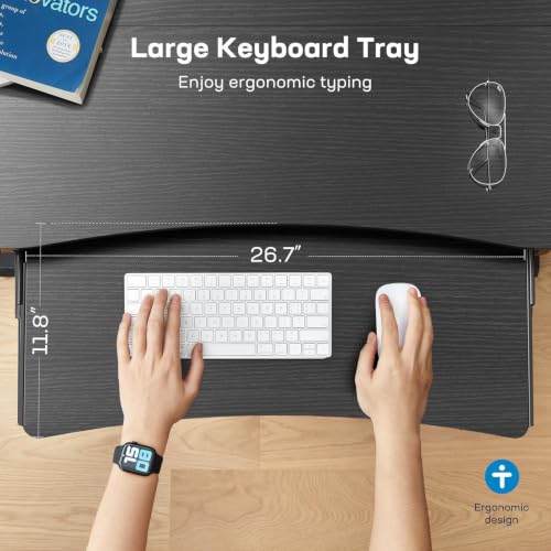 Image of HUANUO 55 inch x 26 inch Electric Standing Desk, 2 Drawers & Keyboard Tray, Black | Ergonomic Desk with 2 Drawers: 27.9 inch-46.8 inch electric lifting. 26.7 inch keyboard tray & C-clamp mount top maximize workspace