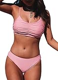 Herseas Bikini Sets for Women Plus Size Pink Bikini Adjustable Spaghetti Strap Wireless Push Up 2 Piece Swimsuit Scoop Neck Ruched Push Up Bathing Suits X-Large 16 18