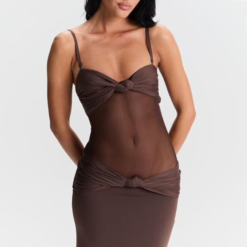 Women Sheer Maxi Dress Detachable Spaghetti Straps Knotted Twist Bodycon Long Dresses Party Cocktail Wear4
