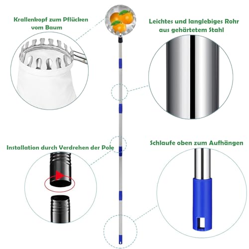 4,2m Obstpflücker mit Teleskopstiel, Apfelpflücker, Kirschenpflücker mit Leichter Edelstahl Teleskoppfahl und Baumwollbeutel, Fruit Collector, Obstgreifer Einfach zu Montieren, Pflaumenpflücker