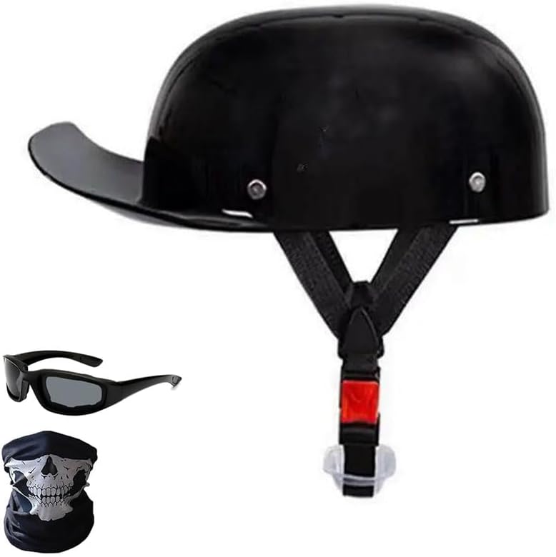 Low Profile Ultralight-Thin Motorcycle Helmet, Retro Small Half Shell Baseball Cap Helmet, Skull Cap Moped Helmet for Youth Men Women DOT Approved for Scooter Half Face German Helmet