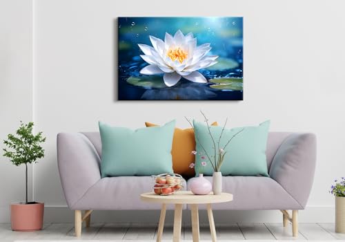 Image of Lotus Wall Art Zen Decor Bloom Lotus Flower in Water Landscape Pictures Yoga Spa Meditation Room Decorations Spiritual Canvas Painting White Floral Poster Prints Large Artwork for Living Room 24x36 inch