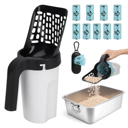 MYPIN Cat Litter Scooper with Holder, Upgraded Cat Litter Shovel with Bags and Waste Can, Cat Scooper with Extra 135 Count Litter Waste Bags, Large Capacity Portable Litter Shovel