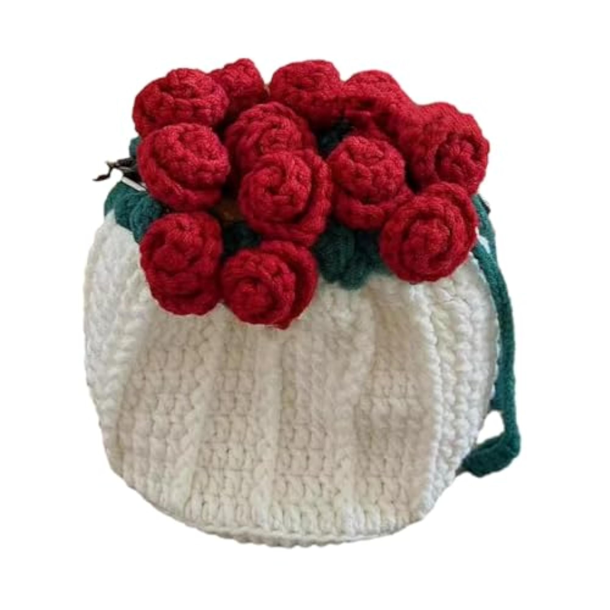 Stylish Crochet Shoulder Bag, Knitted Rose Drawstring Pouch
