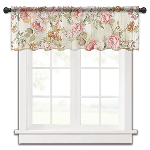 Edwiinsa Classical Flowers Sheer Curtain Valance Rod Pocket Window Curtain, Vintage Luxurious Florals Retro Leaves Semi Sheer Chiffon Window Drape For Bedroom Kitchen Window Valance, 1 Panel 54''X18 #TOP5