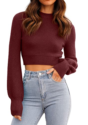 Image of Womens Sexy Crew Neck Cropped Sweaters Knit Long Sleeve Crop Tops Pullover | Ribbed Knit, Long Sleeve, Crop Tops, Pullover,Crew Neck