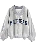 Avanova Women Michigan Graphic V Neck Sweatshirt Drop Shoulder Fall Pullover Top Grey Mi Medium