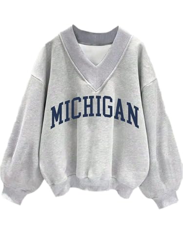 Avanova Women Michigan Graphic V Neck Sweatshirt Drop Shoulder Fall Pullover Top Grey Mi Large