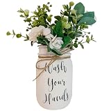 Wash Your Hands Mason Jar, Hand Painted and Distressed Mason Jar Decor, Pint 16 oz. Regular Mouth, Artificial Flower Arrangement for Bathroom, Rustic Farmhouse Bathroom Decor for Shelf