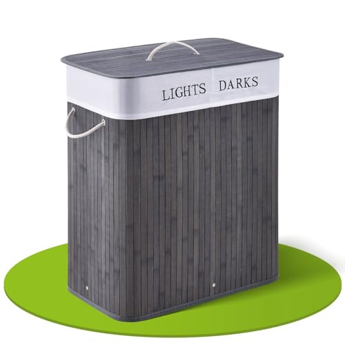 Juskys Cesto para la ropa de bambú rizado 100 litros en gris - Cubo para la ropa con tapa, asa y 2 compartimentos - Bolsa para la ropa de tela, extraíble y lavable