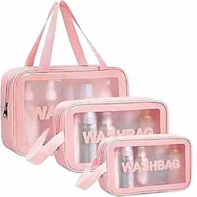 Makeup Pouch Bag PVC Travel Toiletries Organizer Cosmetic Bags Wash Bag Pouch for Travel Kit Toiletry Bag Portable Organizer Case Carry Pouch for Women Bathroom Set of 3 (Pink)-image-13