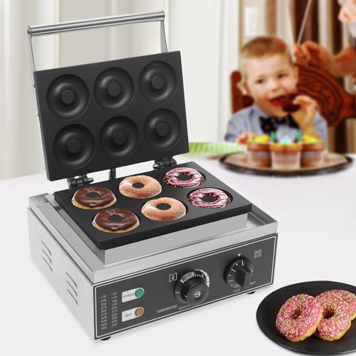 110V Commercial Donut Maker Machine, Electric Stainless Steel Doughnut Maker Double-Sided Heating, 6 Holes Double-Sided Heating Waffle Machine, Temperature 122-572℉, for Restaurant and Home Use