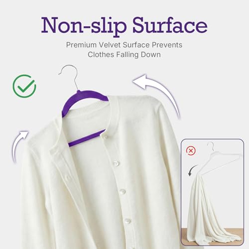 Image of HOUSE DAY Noble-Purple Velvet Hangers 60 Pack, Non Slip Clothes Felt Hanger Heavy Duty for Coat, Premium Slim Space Saving Suit Hangers for Closet Organizer, 360 Rotating Silver Hook