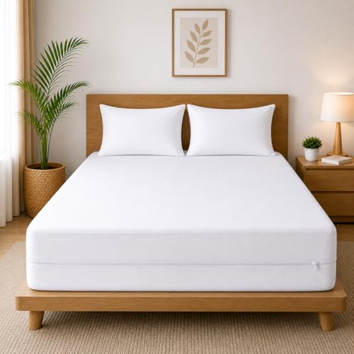 Image of 100% Waterproof Single Size Zipper Mattress Encasement - Ultra Soft & Breathable Six-Sided Bed Cover, Dustproof Noiseless Fitted Design, 72x30 Inch (6x6 Feet), Fits Up to 6 Inch Mattress, White