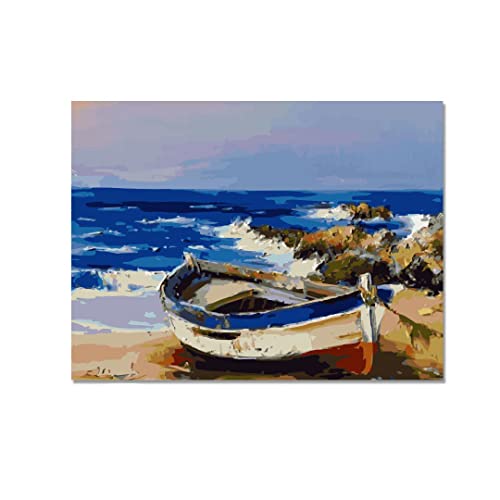 Image of RANGOLI 100% Cotton Stretched Canvas Painting 400 GSM, Framed Boat at the Beach Canvas Abstract Wall Art for Living Room, 3D Paintings for Wall Decor (24 x 36 Inch With Frame)