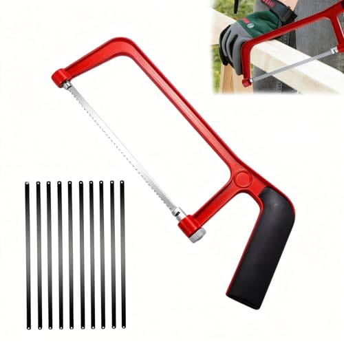 Image of Professional Junior Hacksaw with 10 Blades – 6 Inch Small Hand Saw for Cutting Metal, Wood, Plastic, PVC Pipe– Compact Heavy-Duty Hacksaw Tool for DIY, Home & Workshop Projects (Red)