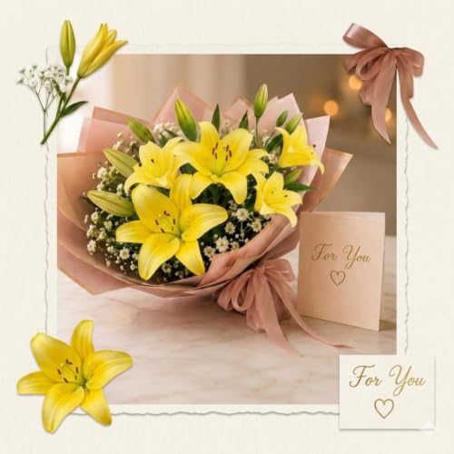 Image of CURATED CART 2 Pcs Lily Artificial Flowers Bunch for Home Decoration - Big Lilys Bouquet for Home Decor - Real Touch Faux Latex Long Stem - Includes 6 Lily Flowers and 10 Half Bloom Buds-Yellow Colour