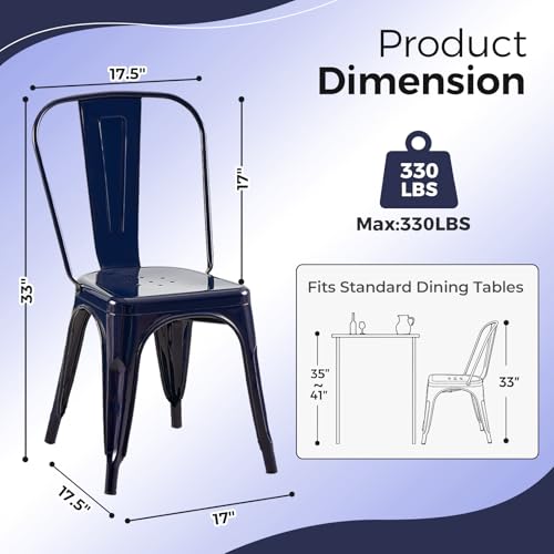 Image of Metal Dining Chairs with Backrest, Stackable, Dark Blue, 8 Pack | Easy Assembly, Non-Slip Feet, 330 lb Capacity, Kitchen, Restaurant, Cafe, Pub, Covered Patio