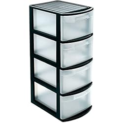 Cajoneras De Plastico Estrechas Acan Tradineur - Cajonera estrecha, plástico, modelo Támesis, 4 cajones transparentes, torre de almacenaje, oficina, hogar (Negro, 78 x 28,5 x 39 cm)