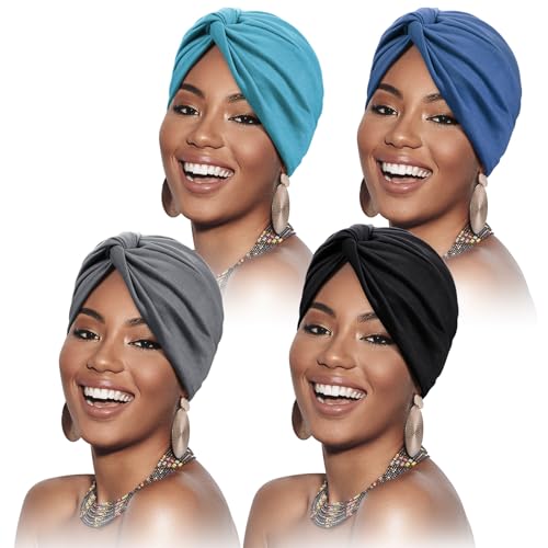 SATINIOR 4 Pieces Turbans for Women Soft Pre Tied Knot Fashion Pleated Cancer Turban Cap Chemo Headwrap Sleep Hat, 4 Colors