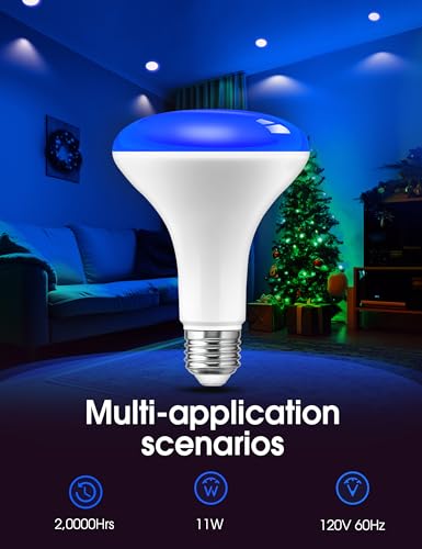 Image of L LOHAS LED Christmas Blue Flood Light Bulbs, Colored Can Light Bulbs E26 | Christmas LED BR30 Pure Blue Flood Light Indoor 65W Equivalent, 11 Watt Light Bulbs E26, Holiday Party Decoration, 2 Pack