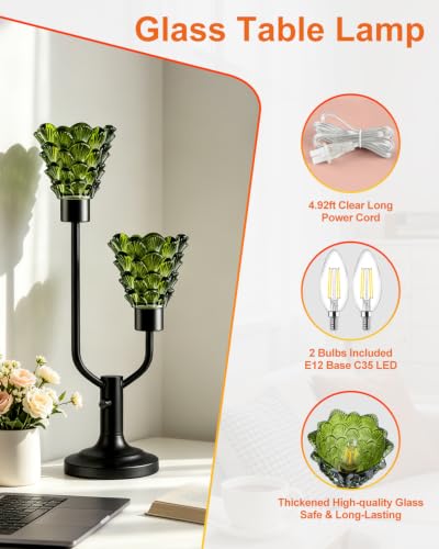 Image of Lightdot Green Glass Table Lamp for Living Room Dimmable Vintage Lamp Gift | Mid Century Modern Desk Lamp Black Nightstand Lamp 2 Bulbs Included Warmwhite Ambient Bedside Lamp for Bedroom Home Decor