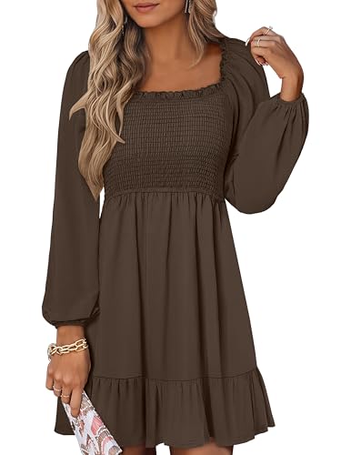 Best Dresses to Wear with Knee High Boots: Fall Fashion Guide 14 ANRABESS Womens Long Lantern Sleeve Square Neck Dress Smocked Tiered High Waist Ruffle Flowy Swing 2026 Spring Short Dresses Brown X-Large