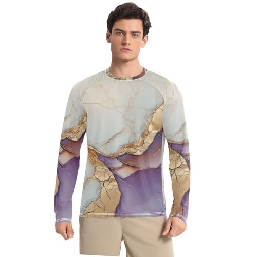 Marble White Purple Men's Swim Shirts UPF 50+ Elastic Round Neck Long Sleeve UV Sun Protection Running