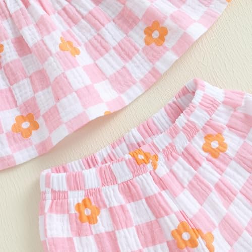 Image of Thorn Tree Toddler Girl Clothes Plaid Printed Sleeveless Pleated Camisole Linen Pants Set Baby Summer Outfits