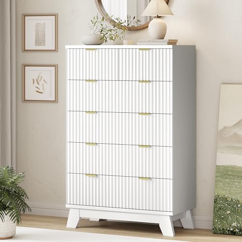 Image of Xixini Fluted Dresser for Bedroom with 6 Drawers, 46 inch Tall Modern Chest of Drawers with Metal Handle, Wooden Dresser TV Stand, Wood Closet Clothes Storage Organizer for Living Room, Hallway, White