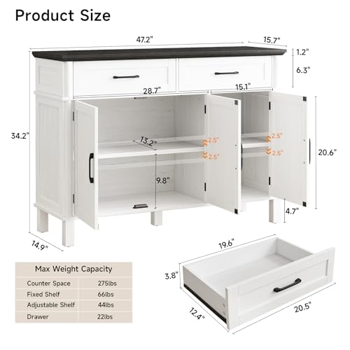 Image of 48 Inches Buffet Cabinet with Storage, Farmhouse Sideboard Buffet w /2 Drawers and 3 Doors, Wood Coffee Bar Cabinet with Adjustable Shelves, Sideboard Storage for Kitchen, Living Room, Off White&Black