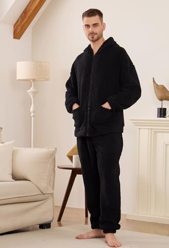 Vulcanodon Mens Plush Hooded Zipper Pajama Set, Soft Warm Long Sleeve Sleepwear with Pockets Fluffy Fuzzy Cozy Pjs4