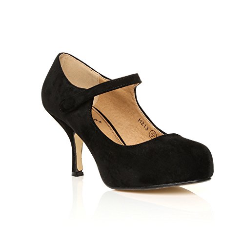 New Womens Ladies Strap MID Heel Casual Smart Work Pump Court Shoes Size 3-8 Black Suede