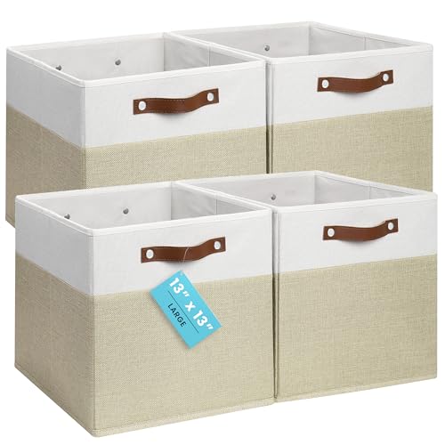 Image of OrganiHaus 13" x 13" x 13" Cube Fabric Storage Bins Set of 4, Fabric Storage Cubes w/ Vegan Handles, 13 inch Collapsible Bins for Clothes & Toy Organizer, 13x13 Basket for Decor - Beige/White