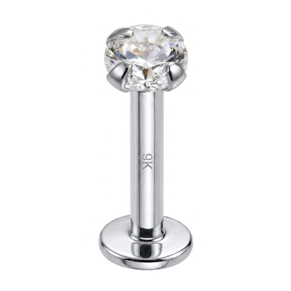 Piercing de labio de oro amarillo macizo de 9 quilates, oro blanco, circonita cúbica redonda, sin rosca, parte superior de calibre 16, parte trasera plana, piercing de barra para tragus