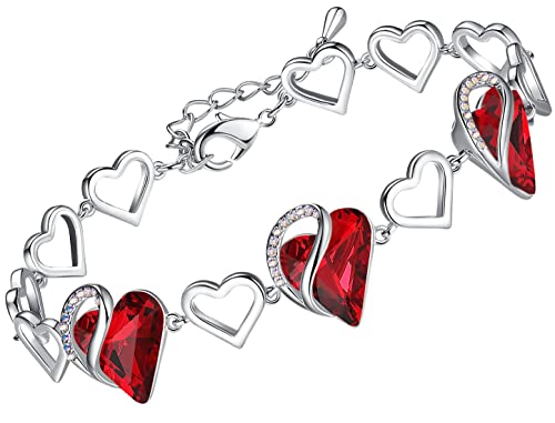 Leafael Infinity Love Heart Link Bracelet with Ruby Siam Red Birthstone Crystal for January and July, Women s Gifts, Silver-tone, 7 with 2 Extender