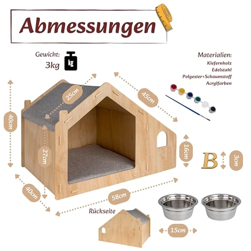 growpile Katzen- und Hundehäusschen aus hochwertigem Kiefernholz mit 2 Trinkschalen aus Edelstahl, zum selbst bemalen und bekleben mit Holzbuchstaben, incl. Acrylfarben
