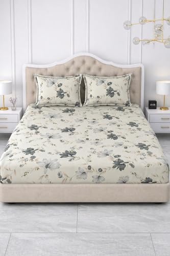 Image of 300 TC Cotton Feel Glace Cotton Elastic Fitted Bedsheet for King Size Double Bed | Fits up to 8 Inch Mattress | Printed Bedsheet with 2 Pillow Covers (Whiteboss, King Size - 72 inchx78 inch)